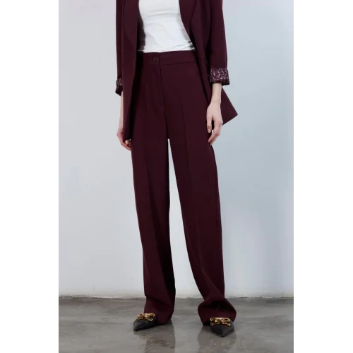 Pilesiz Palazzo Paça Mürdüm Kumaş Pantolon