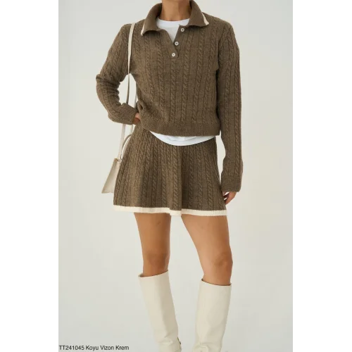 Triko Kazak Etek İkili Takım-Kahve