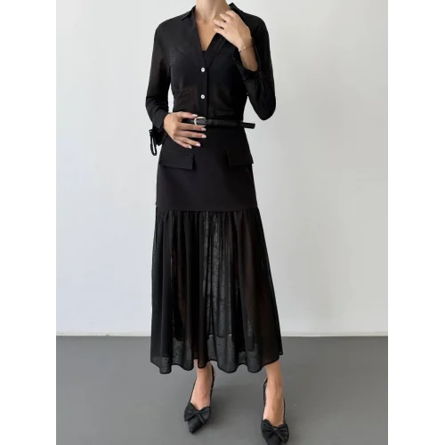 Tül Garnili Kemerli Midi Boy Etek-Siyah