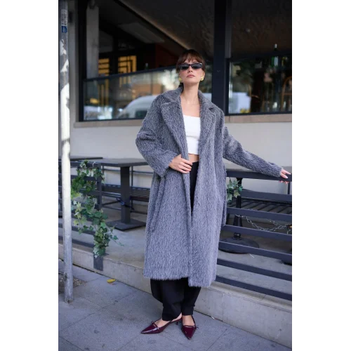 Bağlamalı Tüy Dokulu Gri Kürk Kaban