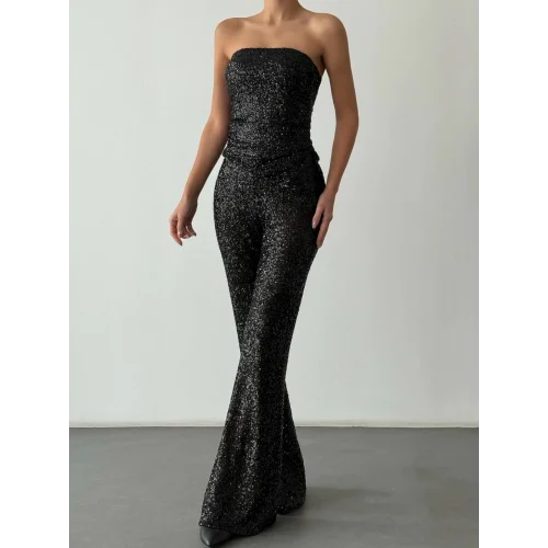 Payetli Straplez Bluz Pantolon Takım-Siyah