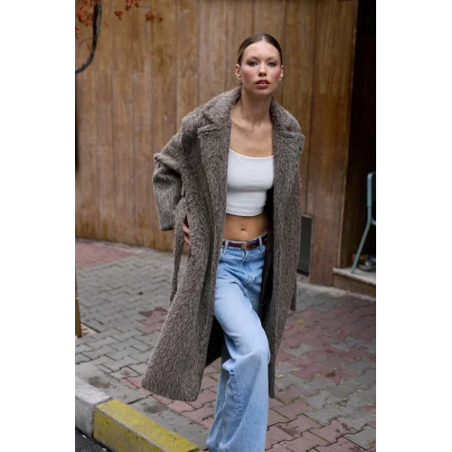 Bağlamalı Tüy Dokulu Vizon Kürk Kaban