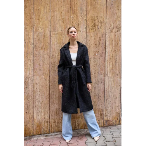 Bağlamalı Tüy Dokulu Siyah Kürk Kaban