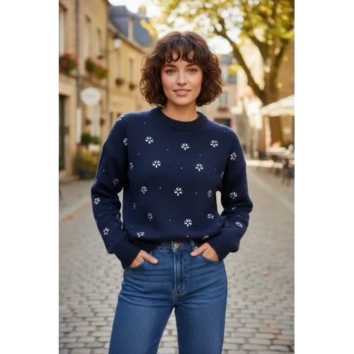 Çiçek Taşlı Triko Lacivert Kazak