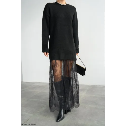 Tül Garnili Triko Elbise-Siyah