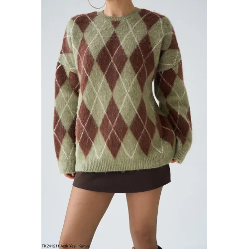 Baklava Desen Uzun Kazak-Yeşil/Kahve