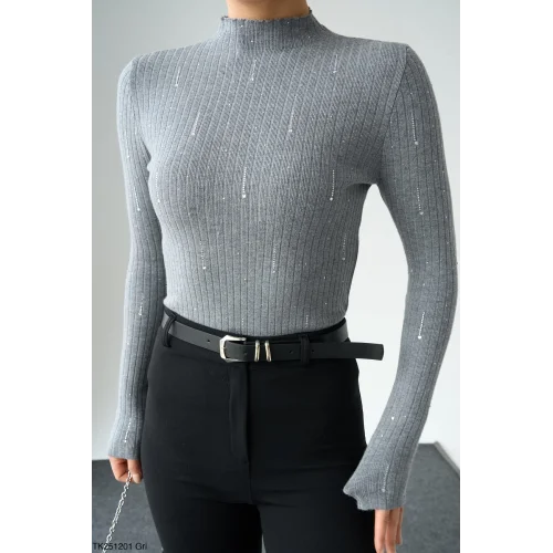 Taşlı Uzun Kol Kazak-Gri