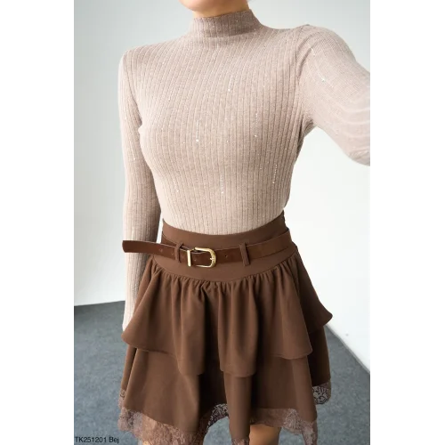 Taşlı Uzun Kol Kazak-Bej