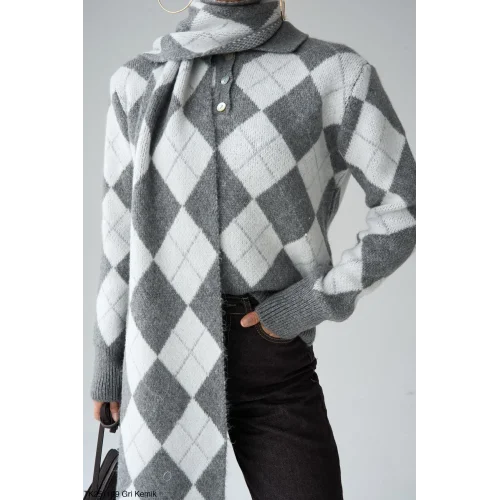 Baklava Desen Atkılı Gri Kazak