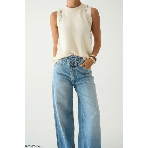 Taş İşlemeli Triko Atlet Bej