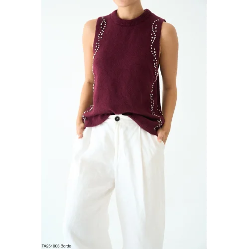 Taş İşlemeli Triko Atlet Bordo