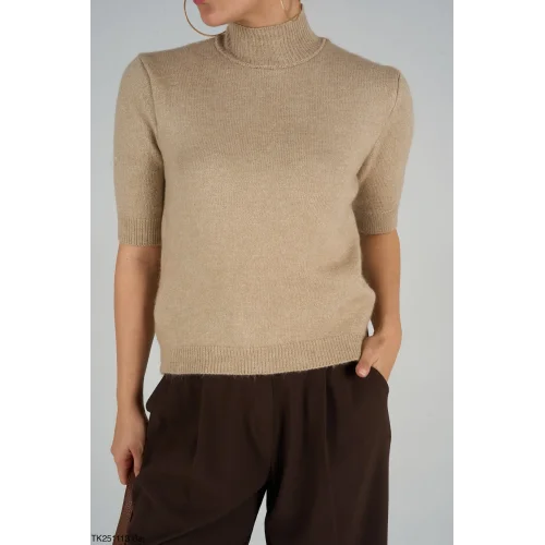 Boğazlı Kısa Kol Triko Kazak-Bej