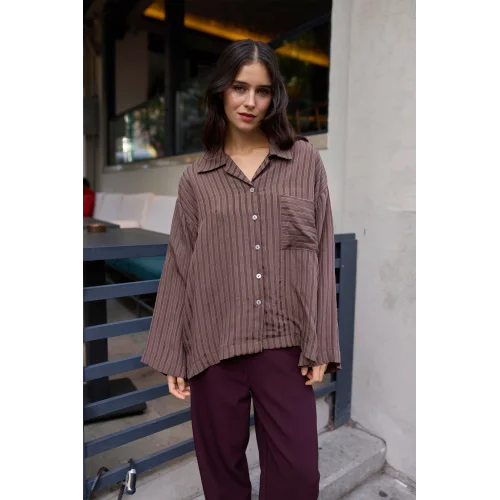 Çizgili Kahverengi Oversize Gömlek