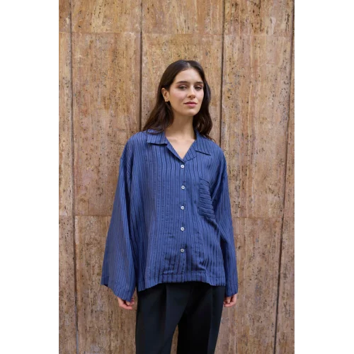 Çizgili Lacivert Oversize Gömlek