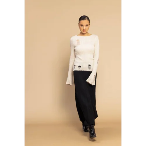 Yırtık Detaylı Triko Kazak-Taş