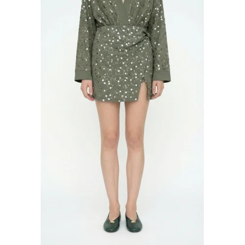 Pul İşlemeli Anvelop Mini Etek Haki