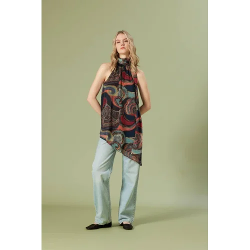 Desenli Asimetrik Bluz-Lacivert