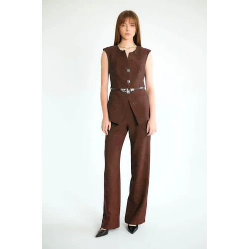 Pul İşlemeli Kemerli Yelek Pantolon Takım-Kahve