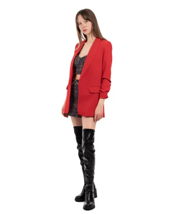 Büzgü Kol Astarlı Kırmızı Blazer Ceket