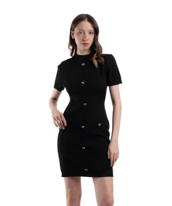 Siyah Önü Düğme Detaylı Triko Elbise
