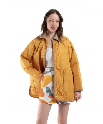 Oversize Kapitone Kadife Yaka Sarı Hardal Ceket Mont