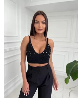 Siyah İnci Detay Triko Crop