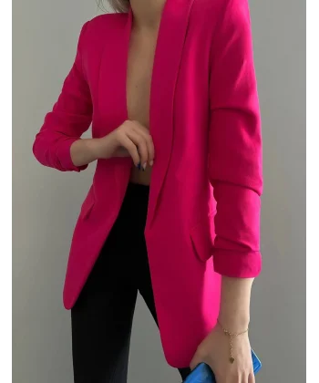 Atlas Kumaş Astarlı Büzgü Kol Tam Kalıp Fuşya Blazer Ceket