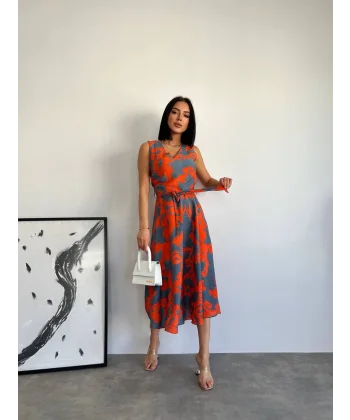 Desenli Keten Karışım Elbise