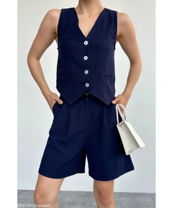 Lacivert Keten Şort Yelek Takım
