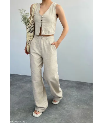 Ekru Keten Pantolon Yelek Takım