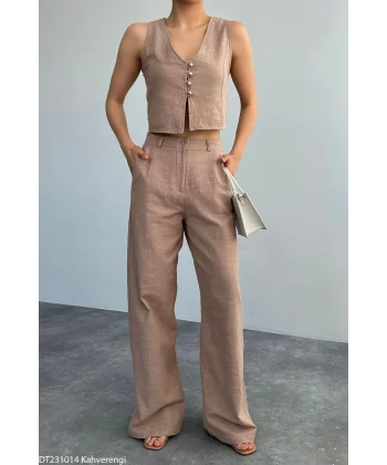 Kahverengi Keten Yelek Pantolon Takım