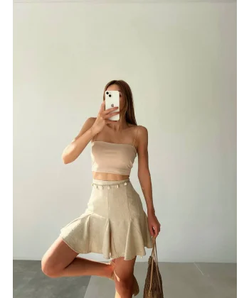 Volanlı Zincir Detaylı Keten Şort Etek