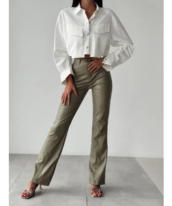 YÜKSEL BEL DERİ PANTOLON HAKİ