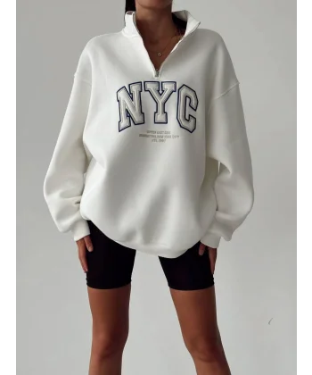 NYC Baskılı Fermuarlı Beyaz Sweatshirt