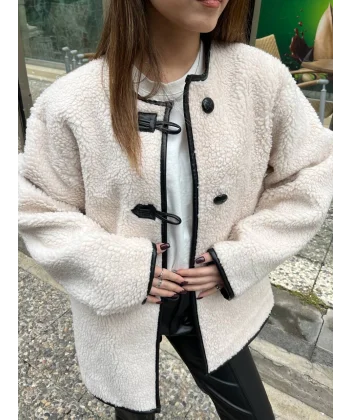 EKRU PELUŞ DÜĞMELİ CEKET