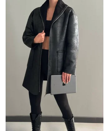 DERİ KÜRKLÜ MİDİ SİYAH KABAN