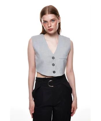 DÜĞME DETAYLI YELEK CEKET AÇIK GRİ