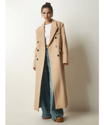 DÜĞMELİ YÜN KARIŞIMLI BEJ KABAN