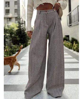 Balıksırtı Pamuklu Palazzo Pantolon Kahve