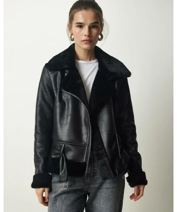 SİYAH KÜRKLÜ DERİ BİKER CEKET