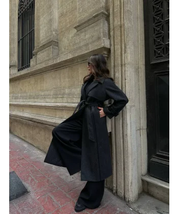 PREMİUM MODEL DERİ KOL SİYAH YÜN KABAN