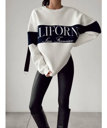 BASKI DETAYLI BEYAZ PAMUKLU SWEATSHİRT