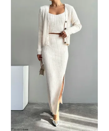 FİTİLLİ KREM TRİKO TAKIM ETEK HIRKA CROP