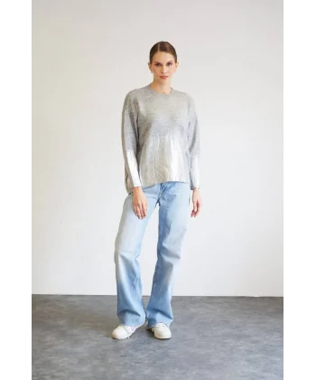 VARAK BASKILI TRİKO KAZAK GÜMÜŞ GRİ