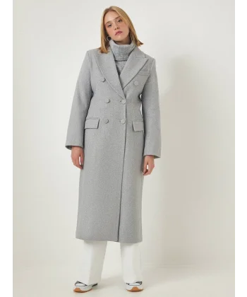 YIRTMAÇLI DÜĞMELİ GRİ YÜN KABAN