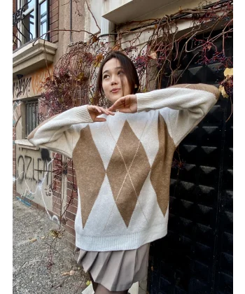 EKRU CAMEL BAKLAVA DESENLİ KAZAK