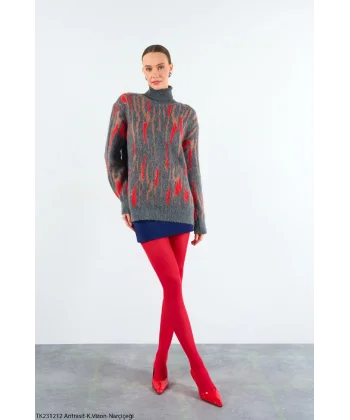 Desenli Balıkçı Yaka Kazak - Antrasit/kırmızı