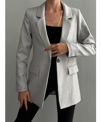 Yün Efekt Kumaş Tek Düğme Gri Blazer Ceket
