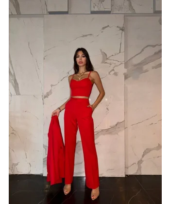 KIRMIZI CROP BLAZER CEKET PANTOLON TAKIM