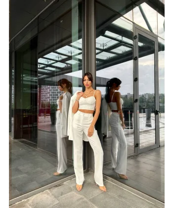 BEYAZ CROP BLAZER CEKET PANTOLON TAKIM